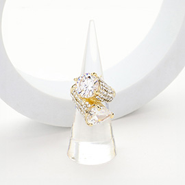Gold Plated CZ Teardrop Round Stone Tip Pointed Stretch Ring 