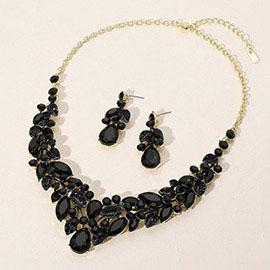 Teardrop Stone Cluster Pointed Marquise Stone Embellished Leaves Evening Necklace