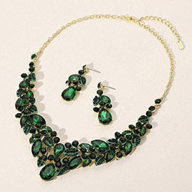 Teardrop Stone Cluster Pointed Marquise Stone Embellished Leaves Evening Necklace