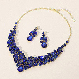 Teardrop Stone Cluster Pointed Marquise Stone Embellished Leaves Evening Necklace
