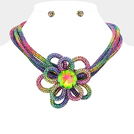 Round Stone Pointed Bling Studded Flower Pendant Necklace