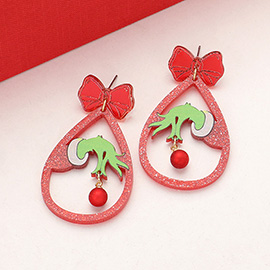 Glittered Resin Christmas Green Monster Hand Teardrop Dangle Earrings