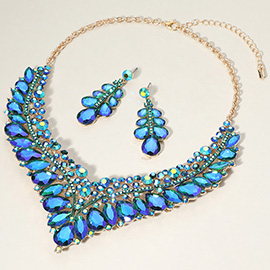 Teardrop Marquise Round Stone Embellished V Shaped Evening Necklace