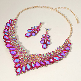 Teardrop Marquise Round Stone Embellished V Shaped Evening Necklace