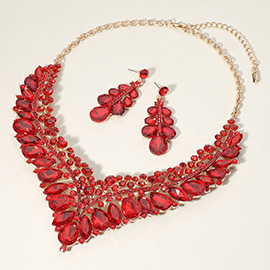 Teardrop Marquise Round Stone Embellished V Shaped Evening Necklace
