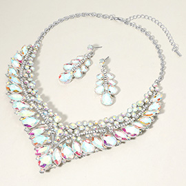 Teardrop Marquise Round Stone Embellished V Shaped Evening Necklace