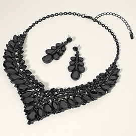Teardrop Marquise Round Stone Embellished V Shaped Evening Necklace