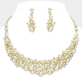 Pearl Stone Cluster Embellished Evening Necklace