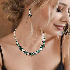 Marquise Round Stone Cluster Embellished Rhinestone Paved Necklace