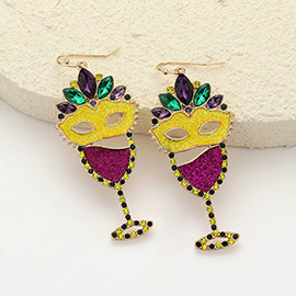 Marquise Stone Sparkly Mardi Gras Mask Wine Glass Dangle Earrings