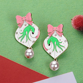 Pearl Dangle Enamel Christmas Green Monster Hand Earrings