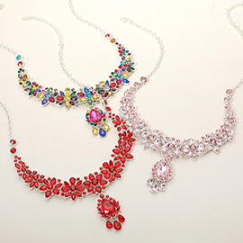 Teardrop Stone Cluster Pendant Flower Stone Embellished Evening Necklace