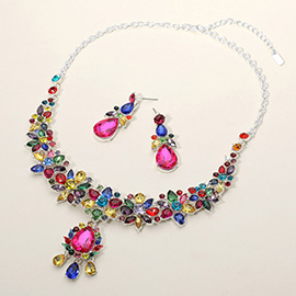 Teardrop Stone Cluster Pendant Flower Stone Embellished Evening Necklace