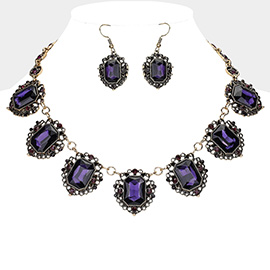 Victorian Style Rectangle Stone Cluster Link Station Necklace