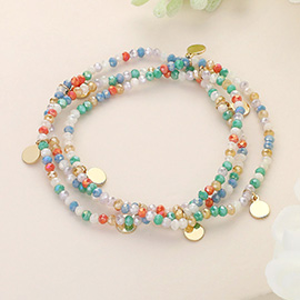 3PCS - Metal Disc Charm Faceted Beaded Stretch Multi Layered Bracelets