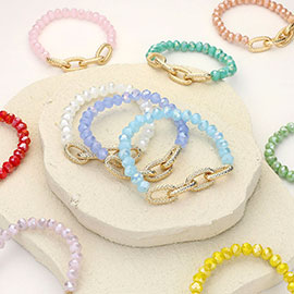 Textured Metal Link Accented Faceted Beaded Stretch Bracelet