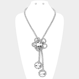 Round Stone Pointed Bling Studded Flower Pendant Long Necklace