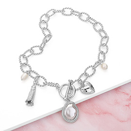 Pearl Metal Heart Tassel Charm Station Chunky Chain Toggle Necklace