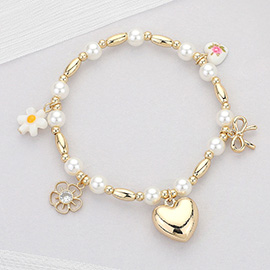 Metal Heart Bow Flower Ceramic Heart Charm Station Pearl Beaded Stretch Bracelet