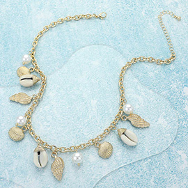 Puka Shell Pearl Charm Station Necklace