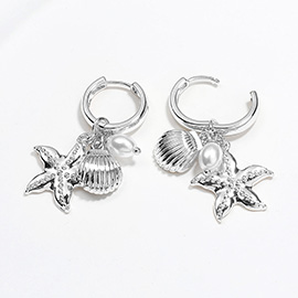 Metal Starfish Seashell Pearl Charm Dangle Hoop Earrings