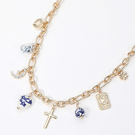 Ceramic Heart Ball Cup Stone Paved Crescent Metal Cross Charm Station Necklace