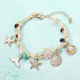 Enamel Starfish Whale Tale Seashell Pearl Shell Charm Ceramic Flower Pearl Beaded Raffia Bracelet
