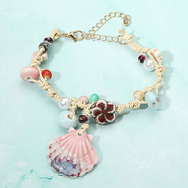 Seashell Charm Ceramic Flower Pearl Beaded Raffia Bracelet