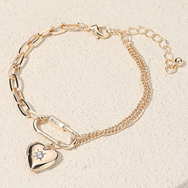 SECRET BOX_Stone Paved Heart Locket Carabiner Charm Half Paper Clip Chain Bracelet