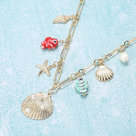 Seashell Enamel Fish Starfish Pearl Charm Station Necklace