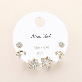 SECRET BOX_925 Sterling Silver Post Stone Star Crescent Starburst 3 Pairs Stud Earring Set