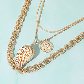 Seashell Hammered Metal Medal Pendant Layered Necklace