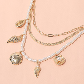 Metal Seashell Puka Shell Charm Station Pearl Herringbone Paperclip Chain Layered Necklace