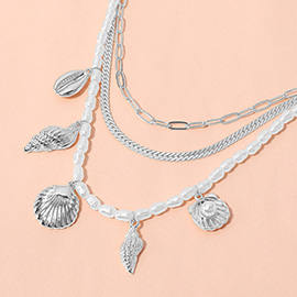 Metal Seashell Puka Shell Charm Station Pearl Herringbone Paperclip Chain Layered Necklace