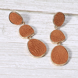 Faux Leather Metal Triple Abstract Plate Link Dangle Earrings
