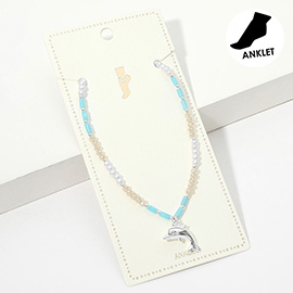 Metal Dolphin Charm Pearl Faceted Beaded Anklet