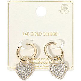 14K Gold Dipped CZ Stone Paved Heart Drop Huggie Earrings