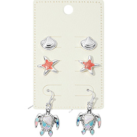 3Pairs - Metal Shell Enamel Starfish Stud Sea Turtle Dangle Earring Set
