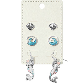 3Pairs - Metal Seashell Enamel Wave Post Mermaid Dangle Earrings Set