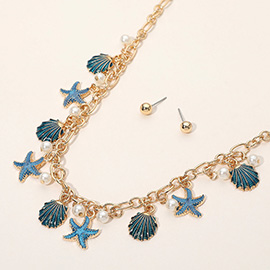 Enamel Starfish Seashell Pearl Charm Station Necklace