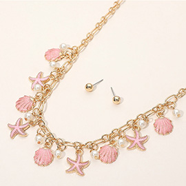 Enamel Starfish Seashell Pearl Charm Station Necklace