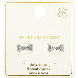 White Gold Dipped CZ Stone Tiny Little Bow Stud Earrings