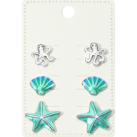3Pairs - Metal Octopus Enamel Seashell Starfish Stud Earring Set