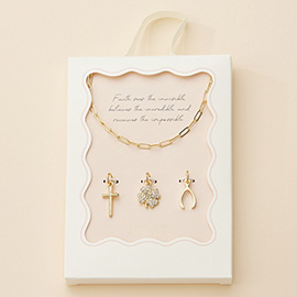 Semi Fine Collection - 18k Gold Dipped Brass Metal Cross Wishbone Stone Paved Clover Charm Pendant Paperclip Chain Necklace