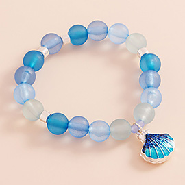 Enamel Seashell Locket Charm Beaded Stretch Bracelet