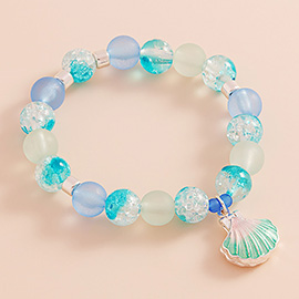 Enamel Seashell Locket Charm Beaded Stretch Bracelet