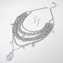 Teardrop Stone Pendant Pointed Star Starfish Charm Embellished Multi Layered Statement Necklace