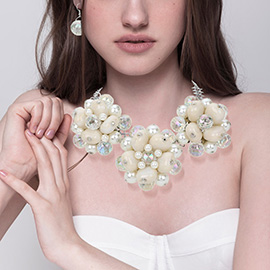 Triple Chunk Pearl Stone Faceted Ball Beaded Flower Link Bib Necklace