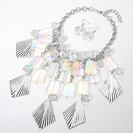 Textured Metal Acrylic Plate Ball Beaded Chandelier Statement Necklace