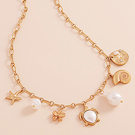 Metal Starfish Seashell Pearl Turtle Charm Station Necklace